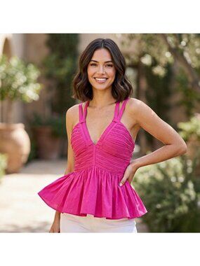 Stile Collection Peplum Tank Top Sleeveless Back Crisscross Flowy Barbiecore Y2K